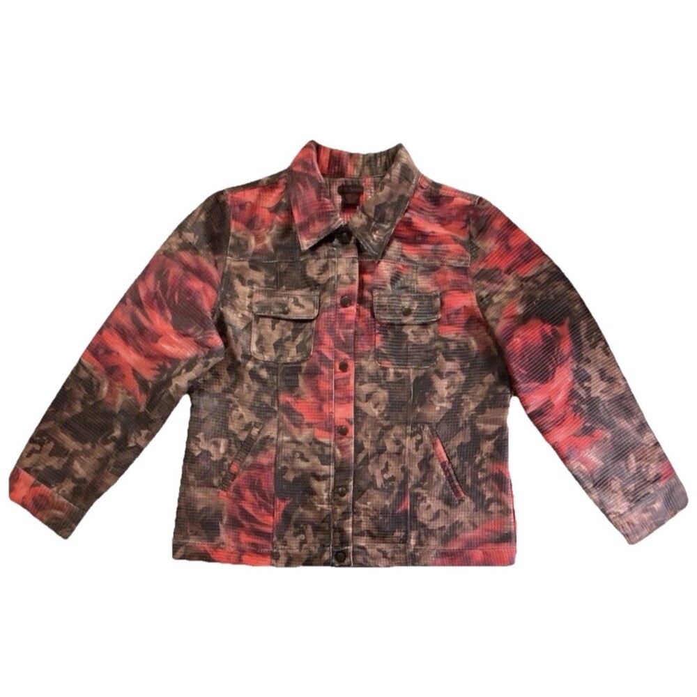 Sara Isabella Brown Red Floral Textured Squares Trucker Jacket Womens XL